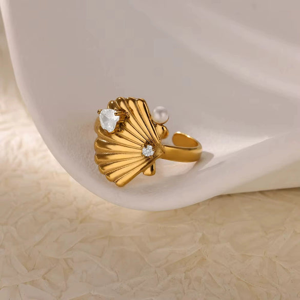 Light Luxury Simple Opening Ring Imitation Pearl Stainless Steel Geometric Set With Diamonds For Women