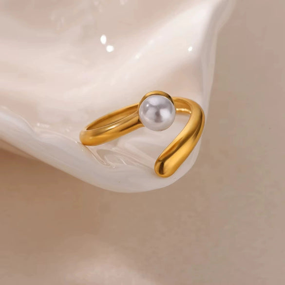 Light Luxury Simple Opening Ring Imitation Pearl Stainless Steel Geometric Set With Diamonds For Women