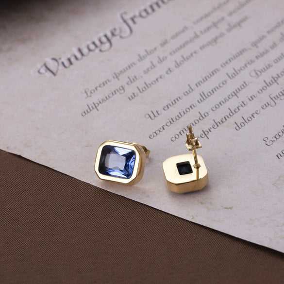 Light Luxury Simple Titanium Steel Candy Color Square Zircon Earrings With Geometric Pattern And Electroplating For Women