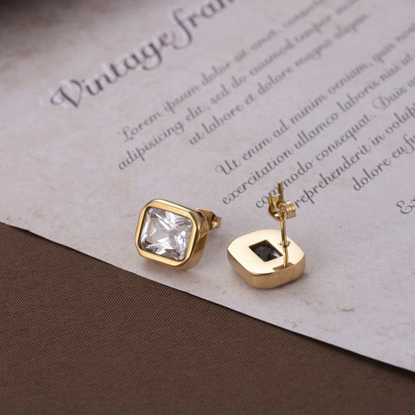 Light Luxury Simple Titanium Steel Candy Color Square Zircon Earrings With Geometric Pattern And Electroplating For Women