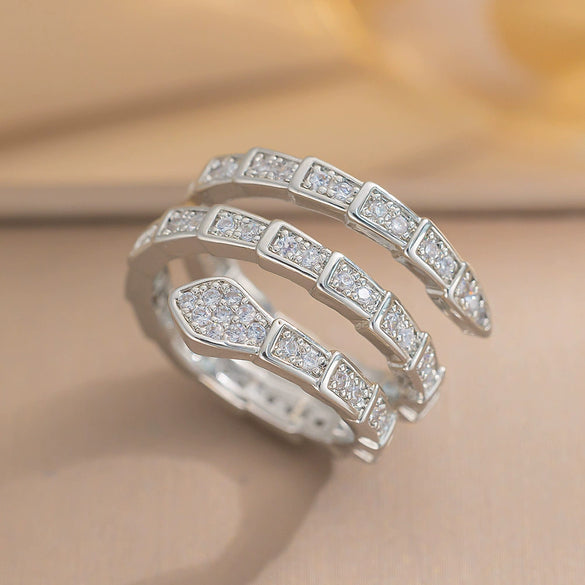 Light Luxury Snakeshaped Snake Bone Ring For Women Copper 18K Gold Plated Diamond Design Adjustable