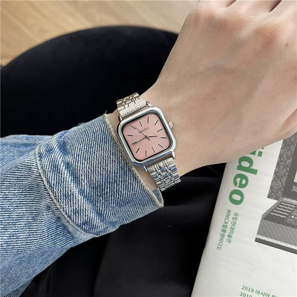 Light Luxury Square Women's Watch With Retro Roman Scale Stainless Steel Strap And Alloy Case