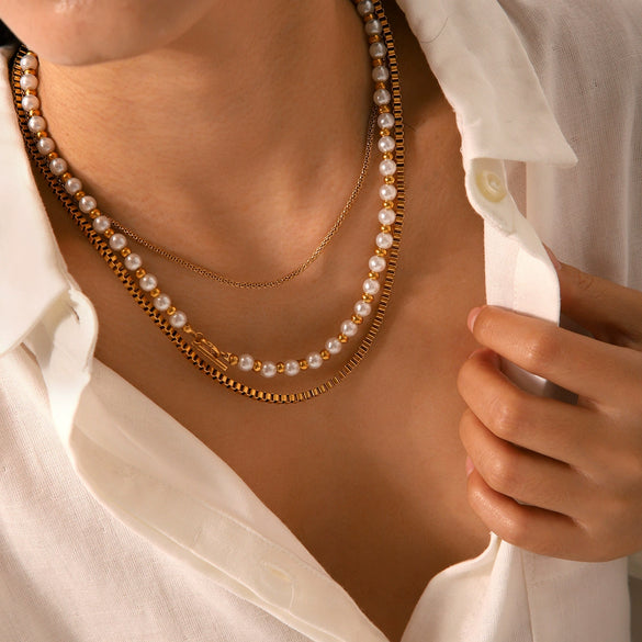 Light Luxury Stainless Steel Geometric Beaded Clavicle Chain Necklace For Women Electroplated