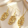 Light Luxury Stainless Steel Hollow Feather Pendant Necklace And Earrings Jewelry Set For Women With Electroplated Finish