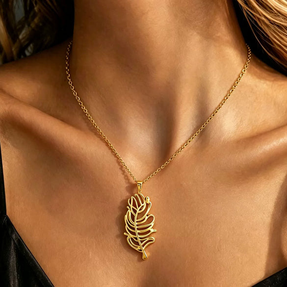 Light Luxury Stainless Steel Hollow Feather Pendant Necklace And Earrings Jewelry Set For Women With Electroplated Finish