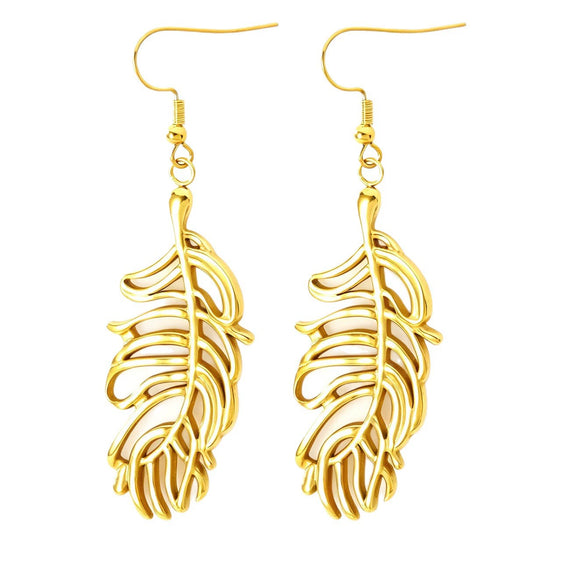 Light Luxury Stainless Steel Hollow Feather Pendant Necklace And Earrings Jewelry Set For Women With Electroplated Finish