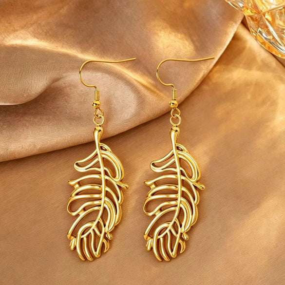 Light Luxury Stainless Steel Hollow Feather Pendant Necklace And Earrings Jewelry Set For Women With Electroplated Finish