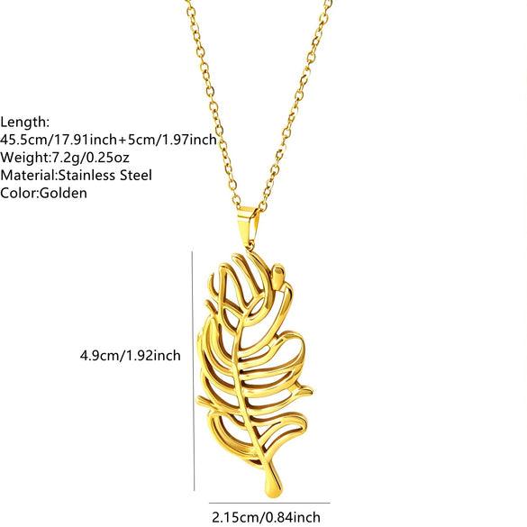 Light Luxury Stainless Steel Hollow Feather Pendant Necklace And Earrings Jewelry Set For Women With Electroplated Finish