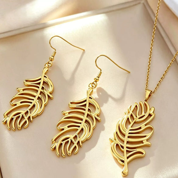 Light Luxury Stainless Steel Hollow Feather Pendant Necklace And Earrings Jewelry Set For Women With Electroplated Finish