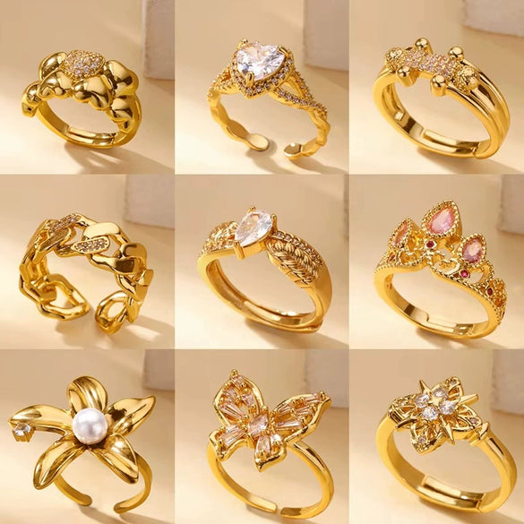 Light Luxury Stainless Steel Love Heart Opening Ring With Zircon Bow And Geometric Design Jewelry