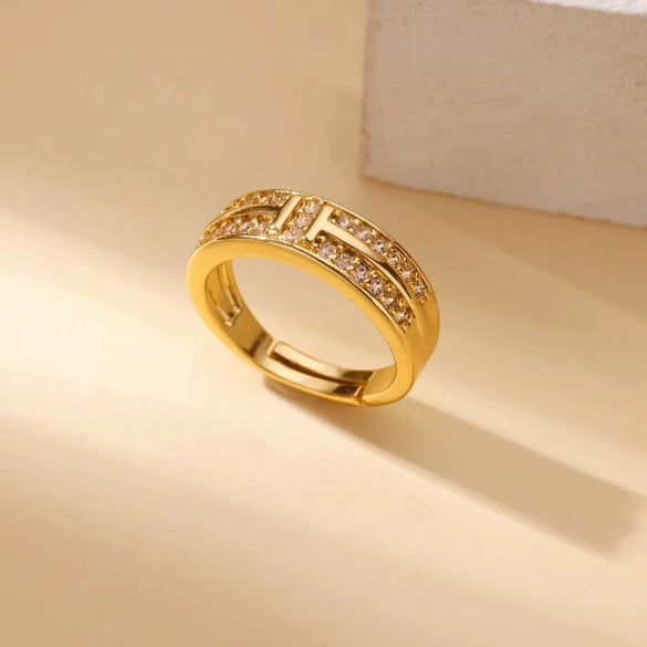 Light Luxury Stainless Steel Love Heart Opening Ring With Zircon Bow And Geometric Design Jewelry