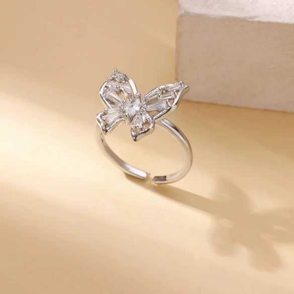 Light Luxury Stainless Steel Love Heart Opening Ring With Zircon Bow And Geometric Design Jewelry