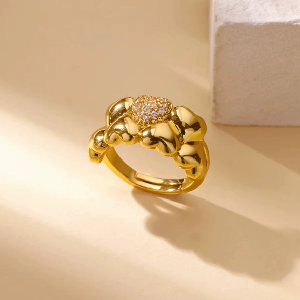 Light Luxury Stainless Steel Love Heart Opening Ring With Zircon Bow And Geometric Design Jewelry