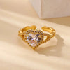 Light Luxury Stainless Steel Love Heart Opening Ring With Zircon Bow And Geometric Design Jewelry