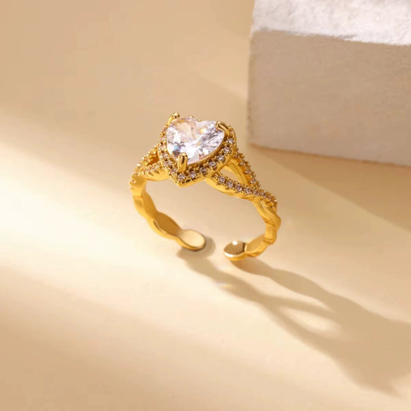 Light Luxury Stainless Steel Love Heart Opening Ring With Zircon Bow And Geometric Design Jewelry