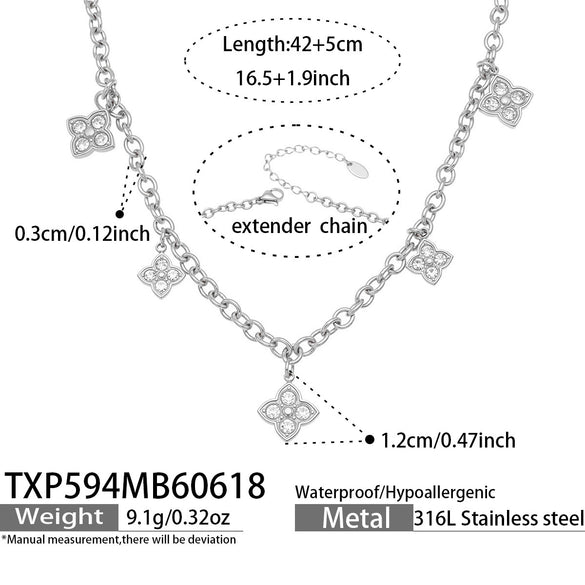 Light Luxury Stainless Steel Necklace And Bracelet Jewelry Set With Heart And Four Leaf Clover Geometric Pendant And Zircon Inlay Electroplated