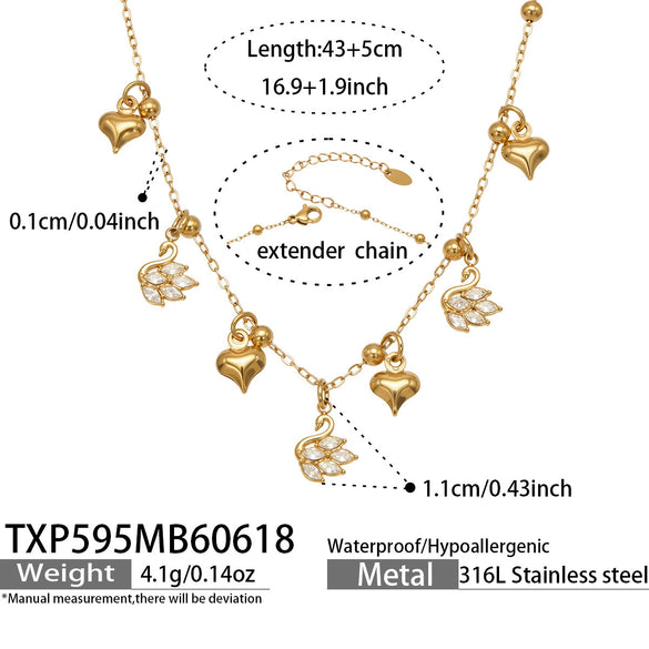 Light Luxury Stainless Steel Necklace And Bracelet Jewelry Set With Heart And Four Leaf Clover Geometric Pendant And Zircon Inlay Electroplated