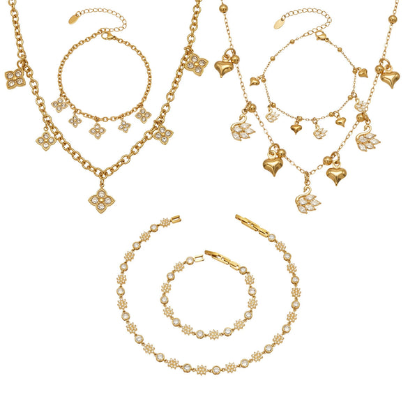 Light Luxury Stainless Steel Necklace And Bracelet Jewelry Set With Heart And Four Leaf Clover Geometric Pendant And Zircon Inlay Electroplated