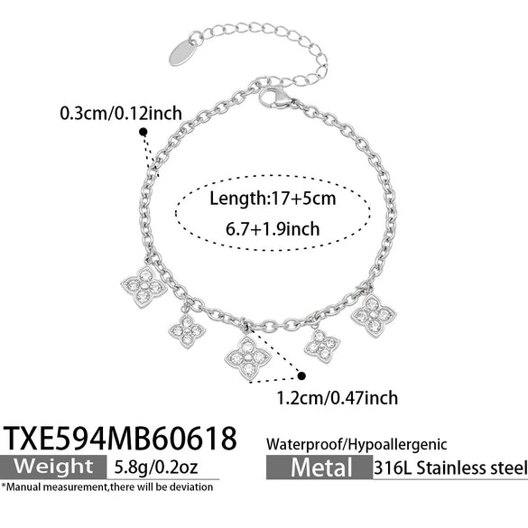 Light Luxury Stainless Steel Necklace And Bracelet Jewelry Set With Heart And Four Leaf Clover Geometric Pendant And Zircon Inlay Electroplated