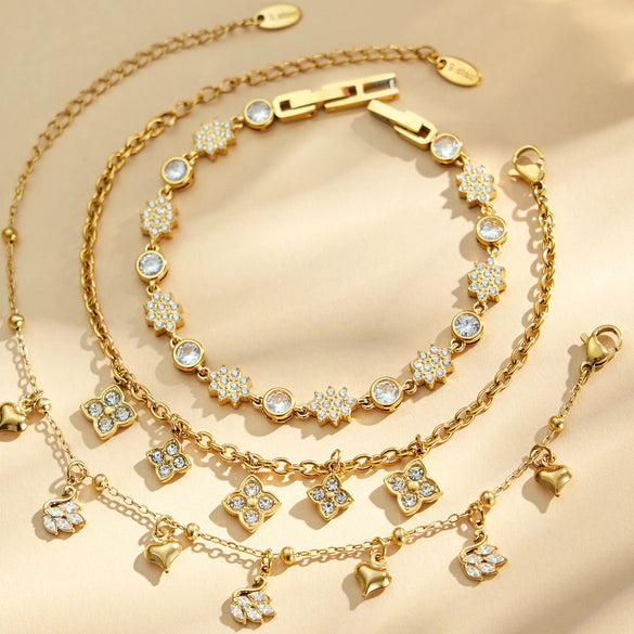 Light Luxury Stainless Steel Necklace And Bracelet Jewelry Set With Heart And Four Leaf Clover Geometric Pendant And Zircon Inlay Electroplated