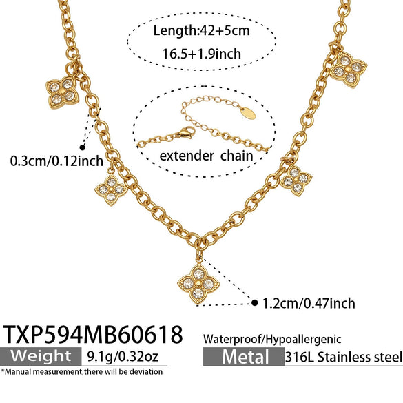 Light Luxury Stainless Steel Necklace And Bracelet Jewelry Set With Heart And Four Leaf Clover Geometric Pendant And Zircon Inlay Electroplated