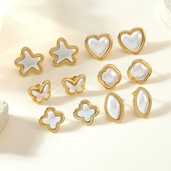 Light Luxury Stainless Steel Pearl Necklace And Earrings Set With Snake Bone Chain Electroplated Heart Drop Bell And Butterfly Design For Women