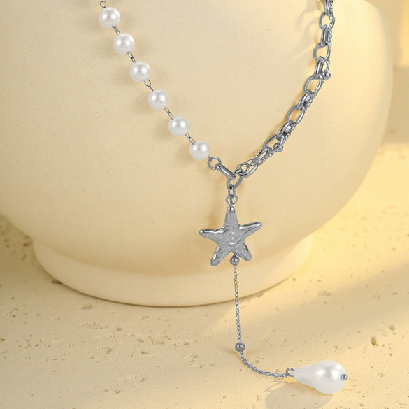 Light Luxury Stainless Steel Pearl Pendant Necklace For Women With Electroplating Design