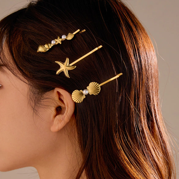 Light Luxury Stainless Steel Shell Hairpin With Pearl Conch Starfish Women's Hair Accessories Electroplated
