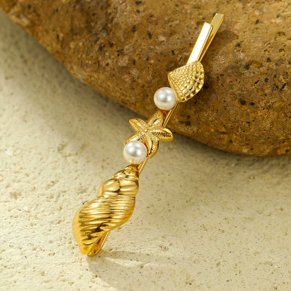 Light Luxury Stainless Steel Shell Hairpin With Pearl Conch Starfish Women's Hair Accessories Electroplated