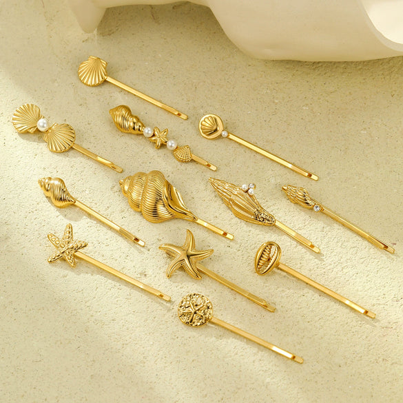 Light Luxury Stainless Steel Shell Hairpin With Pearl Conch Starfish Women's Hair Accessories Electroplated