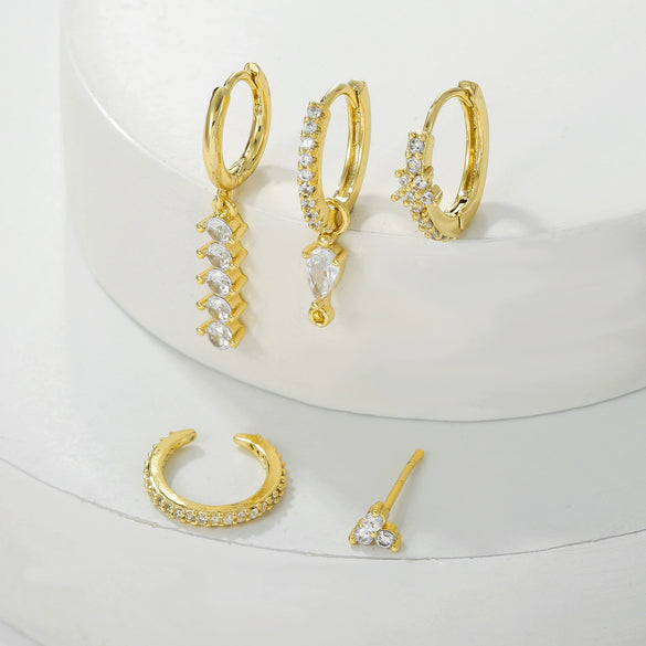 Light Luxury Style Dropshaped Clover Copper Goldplated Zircon Earrings Set For Women