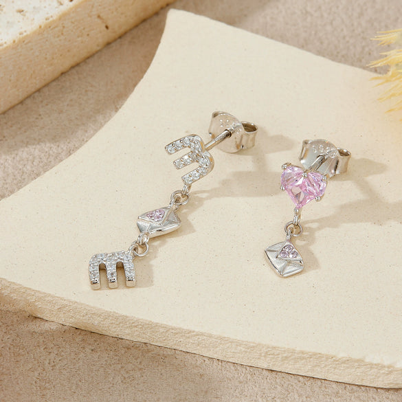 Light Luxury Style English Letter M Heart Silver Earrings With Platinum And 18K Gold Electroplating