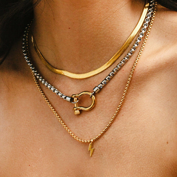 Light Luxury Style Geometric Carabiner Necklace Stainless Steel Box Chain With 18K Gold Plated Electroplating For Couple Men And Women