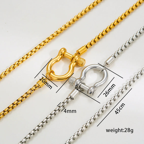 Light Luxury Style Geometric Carabiner Necklace Stainless Steel Box Chain With 18K Gold Plated Electroplating For Couple Men And Women