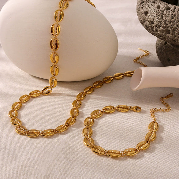 Light Luxury Style Shell Element Jewelry Suit For Women Geometric Pattern 18K Gold Plated Stainless Steel Necklace Bracelet Suit Furnace Vacuum Plating