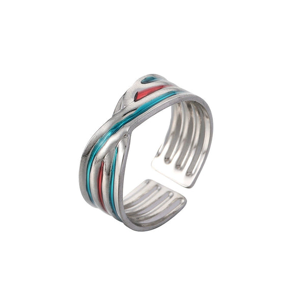 Light Luxury Style Stainless Steel Oil Dripping Open Ring With Hollow Star And Moon And Sun Pattern