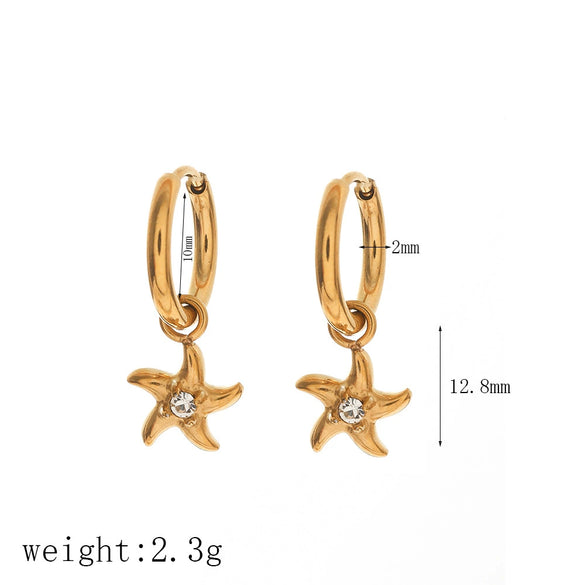 Light Luxury Style Stainless Steel Starfish Earrings Set With Diamonds And Flower Pattern For Women