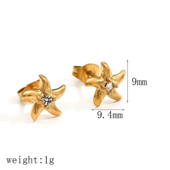 Light Luxury Style Stainless Steel Starfish Earrings Set With Diamonds And Flower Pattern For Women
