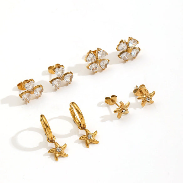 Light Luxury Style Stainless Steel Starfish Earrings Set With Diamonds And Flower Pattern For Women