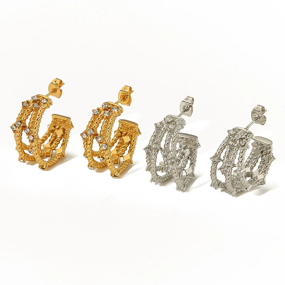 Light Luxury Style Titanium Steel Cshaped Earrings With Inlaid Zircon And Geometric Letters Numbers Text Pattern