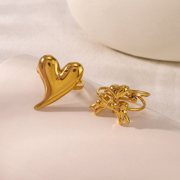 Light Luxury Texture Bow Love Shape Peach Heart Bow Chain Stacked Stainless Steel Open Tail Ring With 18K Furnace Vacuum Plating