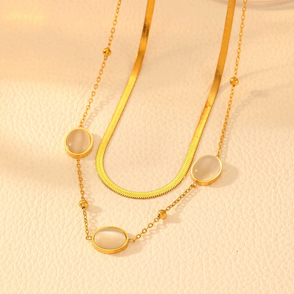 Light Luxury Titanium Steel Double Layer Cat's Eye Necklace With Geometric Pattern For Women