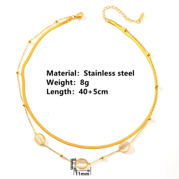 Light Luxury Titanium Steel Double Layer Cat's Eye Necklace With Geometric Pattern For Women