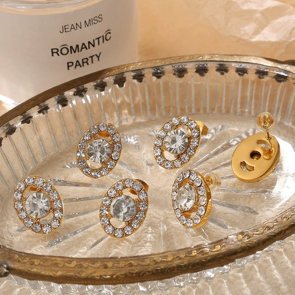 Light Luxury 316L Stainless Steel Electroplated Oval Rhinestone Earrings For Women Geometric Style