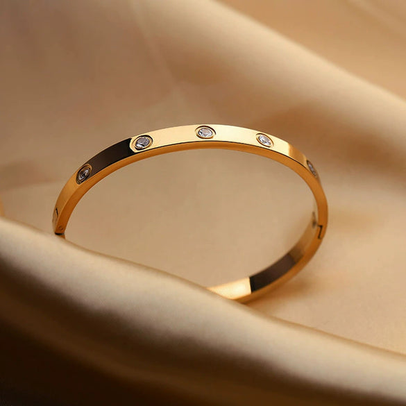 Light Luxury Titanium Steel Open Cuff Bracelet With Gold Inlaid Geometric Design Simple Trendy Women's Jewelry