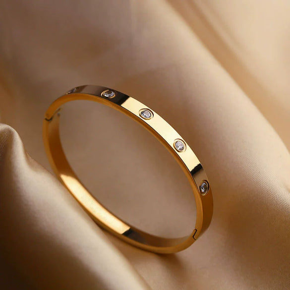 Light Luxury Titanium Steel Open Cuff Bracelet With Gold Inlaid Geometric Design Simple Trendy Women's Jewelry