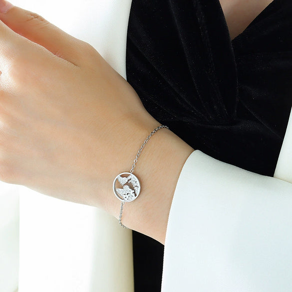 Light Luxury 316L Stainless Steel Zircon Map Necklace And Bracelet Set With Electroplating For Women