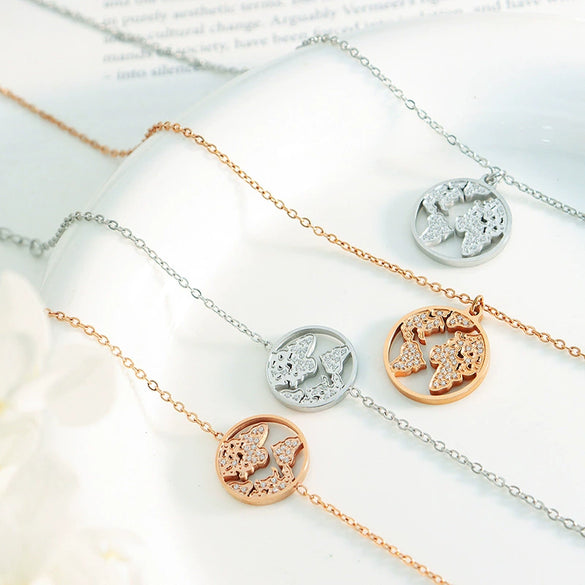 Light Luxury 316L Stainless Steel Zircon Map Necklace And Bracelet Set With Electroplating For Women