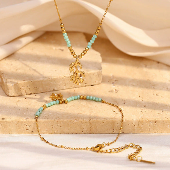 Light Luxury Tree Branch Green Fresh Necklace And Bead Natural Stone Bracelet In Stainless Steel With Electroplating Geometric Shape