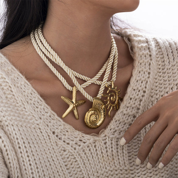 Light Luxury Trendy All Match Conch Sea Star Sun Necklace Made Of 18K Gold And Stainless Steel